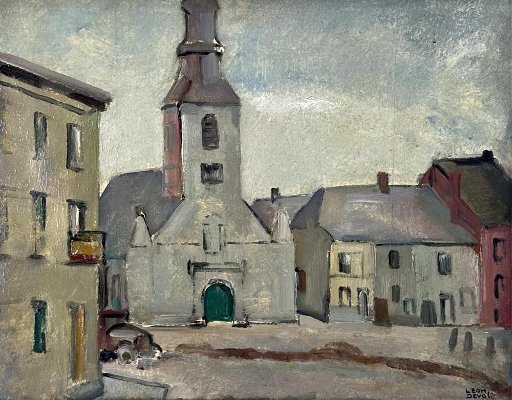 Léon Devos comparable auction result: l on devos 1897 1974 vue d un village belge anim d une automobile huile sur panneau dimensions 31 x 40 cm