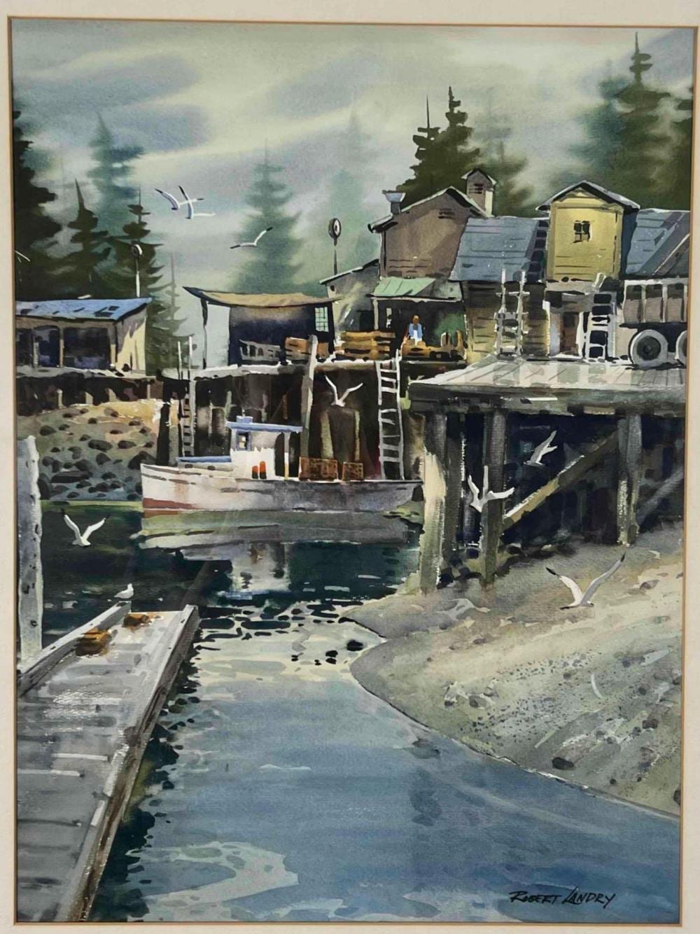 Robert Landry comparable auction result: robert landry california 1921 1991 fishing boat in harbor watercolor on paper