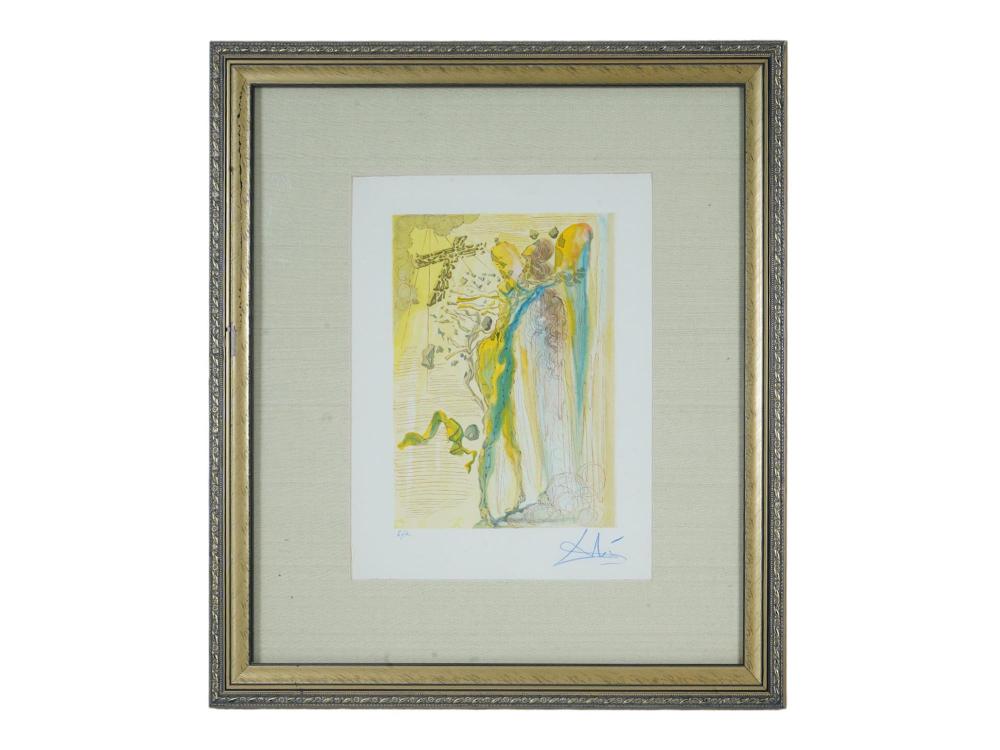 Framed color woodcut print featuring a surreal, ghostly human figure and glowing blue and yellow vertical forms on a light background.
