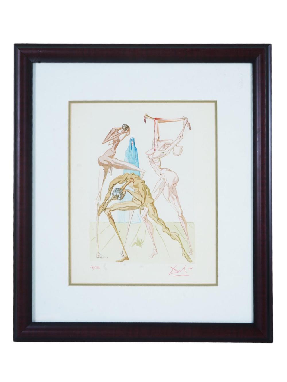Framed limited edition woodcut print showing three nude figures in classical poses and stylized drapery, with red accents and signatures.
