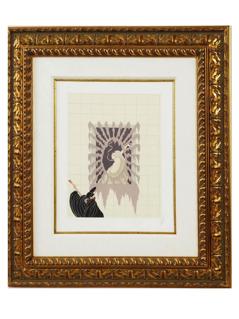 Framed lithograph print showing a robed, winged figure radiating rays behind a kneeling musician holding a string instrument.