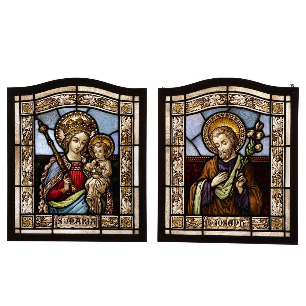 Mary Cohen comparable auction result: a pair of framed stained glass windows with images of joseph and the virgin mary