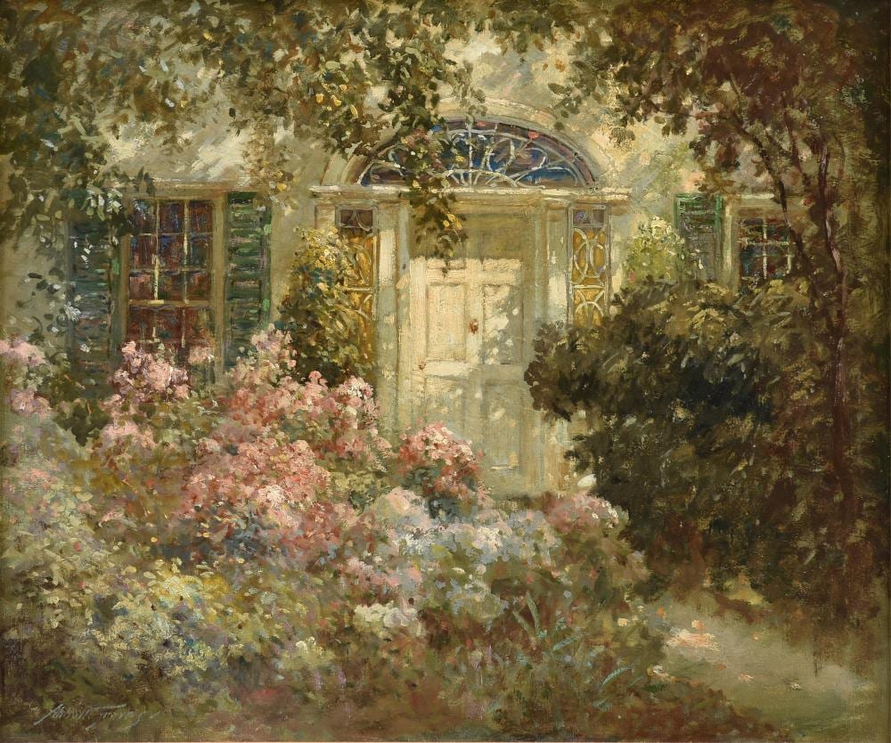 Abbott Fuller Graves comparable auction result: abbott fuller graves american 1859 1936 front door with garden flowers 20th century