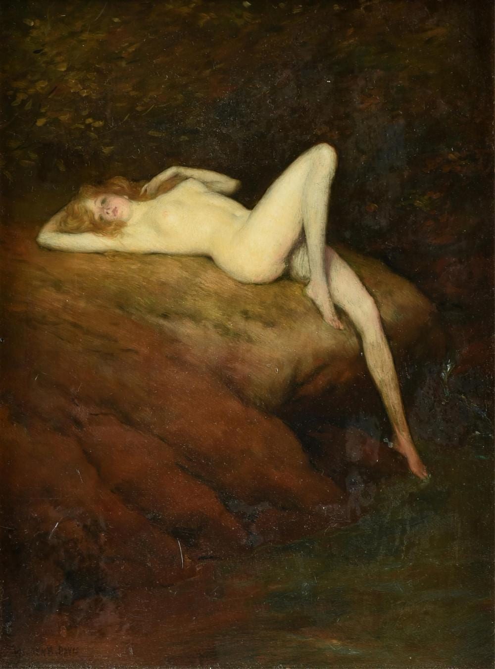Warren B. Davis comparable auction result: warren b davis american 1865 1925 nude lying on a rock next to a pool early 20th century