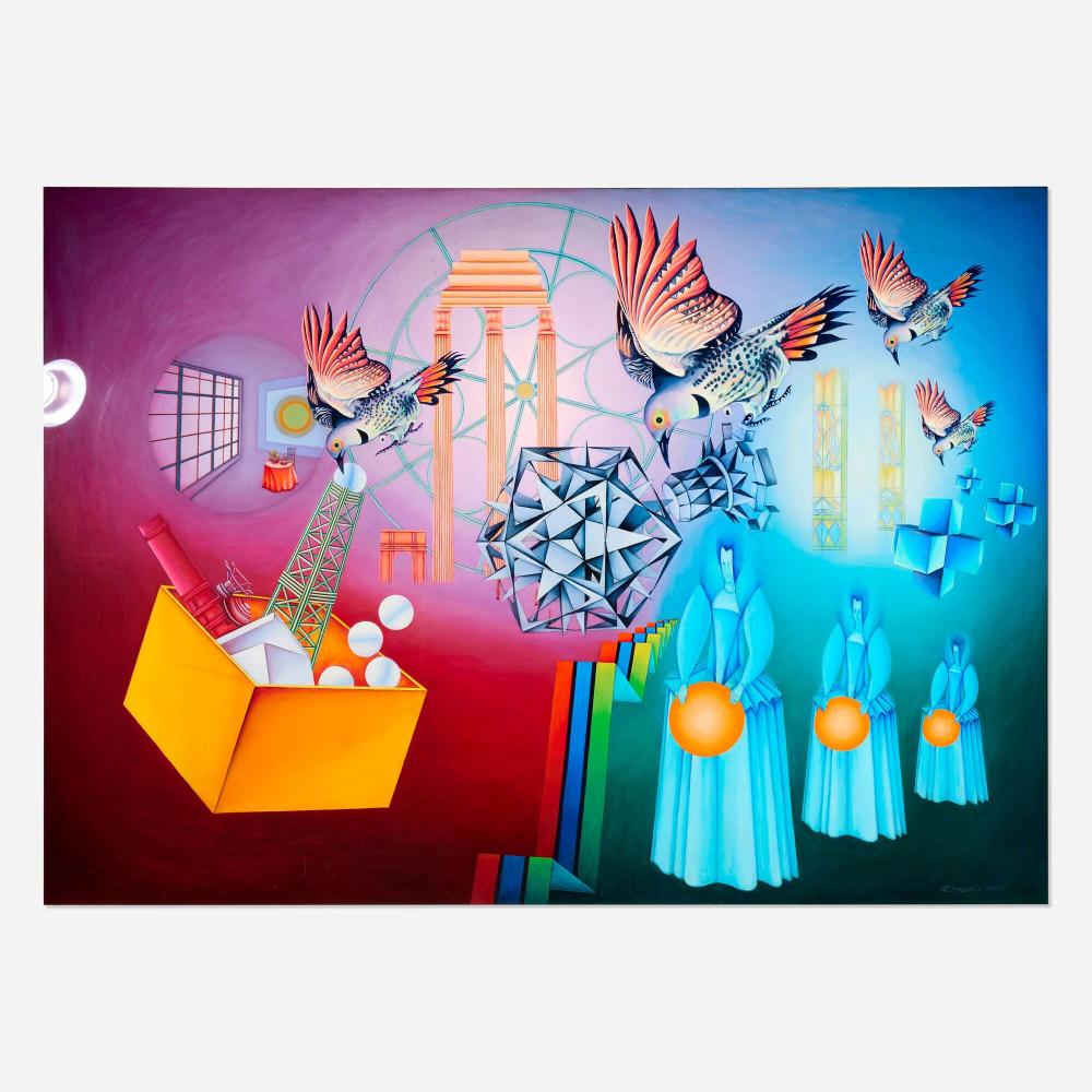 Atirnomis comparable auction result: atirnomis rita simon untitled birds ladies eggs in a basket and arch columns