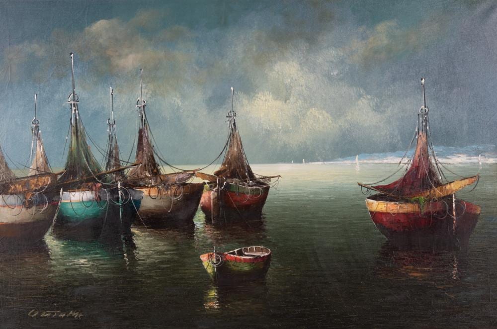 Eleonore Guinther comparable auction result: eleonore guinther german b 1947 ships lined up in a row oil on canvas
