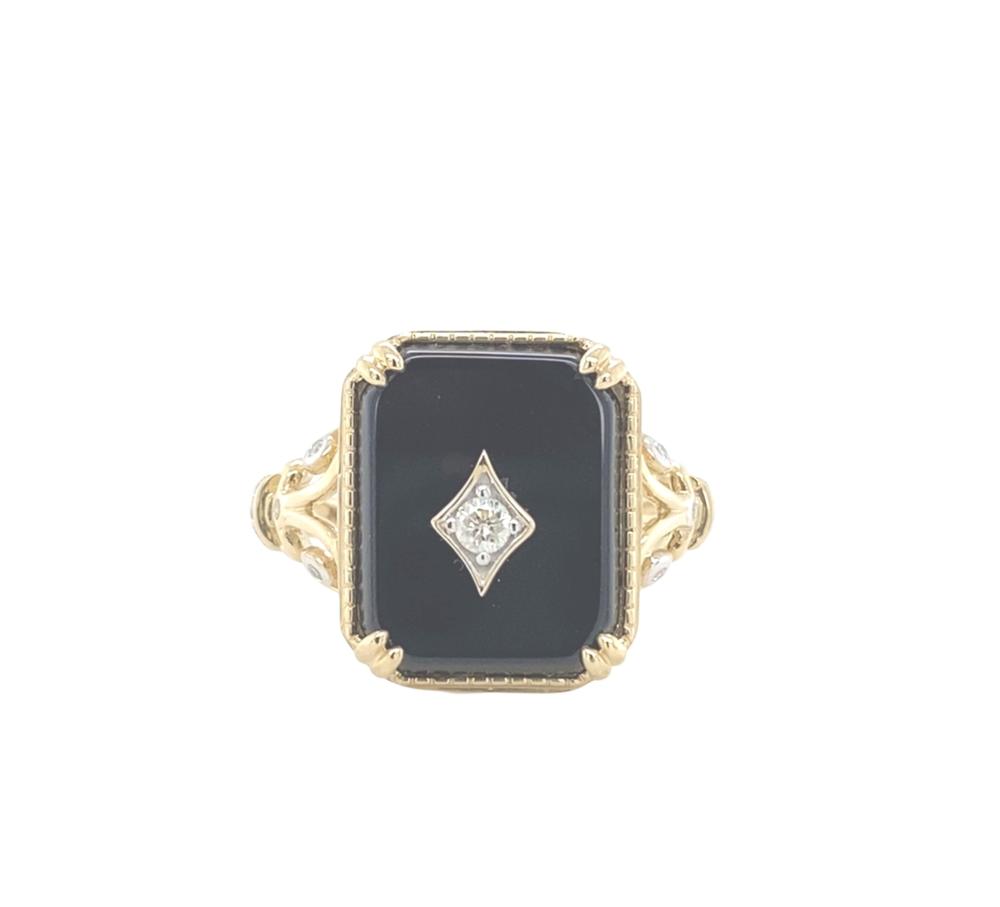 3.69ct Onyx and Diamond 14ct Yellow Gold 'Art Deco Style' Signet Ring. Comes With a Certificate of Valuation of $10,600. One Rectangle Slab Cut Black Onyx With Sixteen Round Brilliant Cut Diamonds. Ring Size: O. Free ... sold by Pottle Auctions, lot 154 — auction record photograph