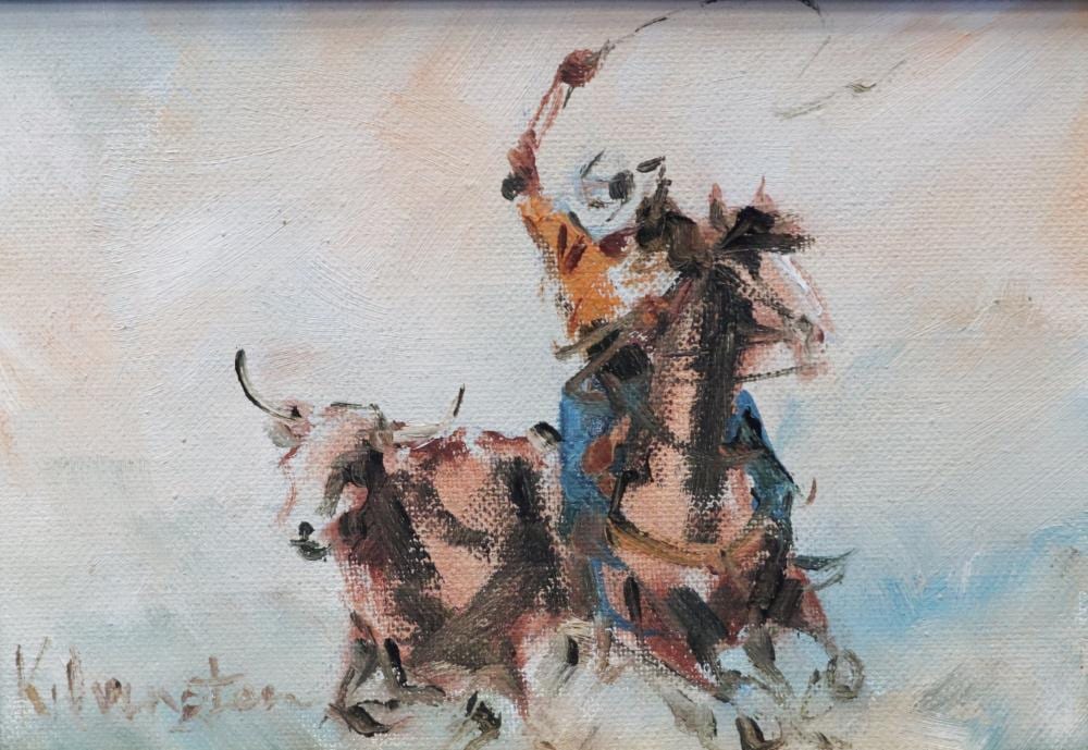 Patrick Kilvington comparable auction result: patrick kilvington oil on board titled muster ii signed lower left approx 16cm x 11cm
