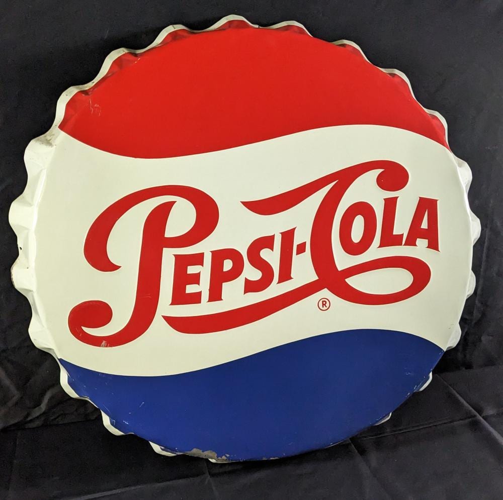 EMBOSSED TIN BOTTLE CAP SIGN PEPSI COLA sold by Millers Auction Co., lot 174 — auction record photograph