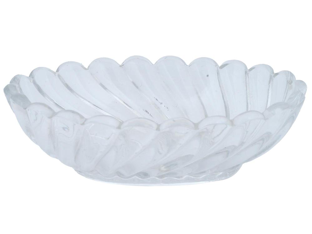 Clear cut-glass candy dish bowl with scalloped rim and faceted pattern, shown on a white background.