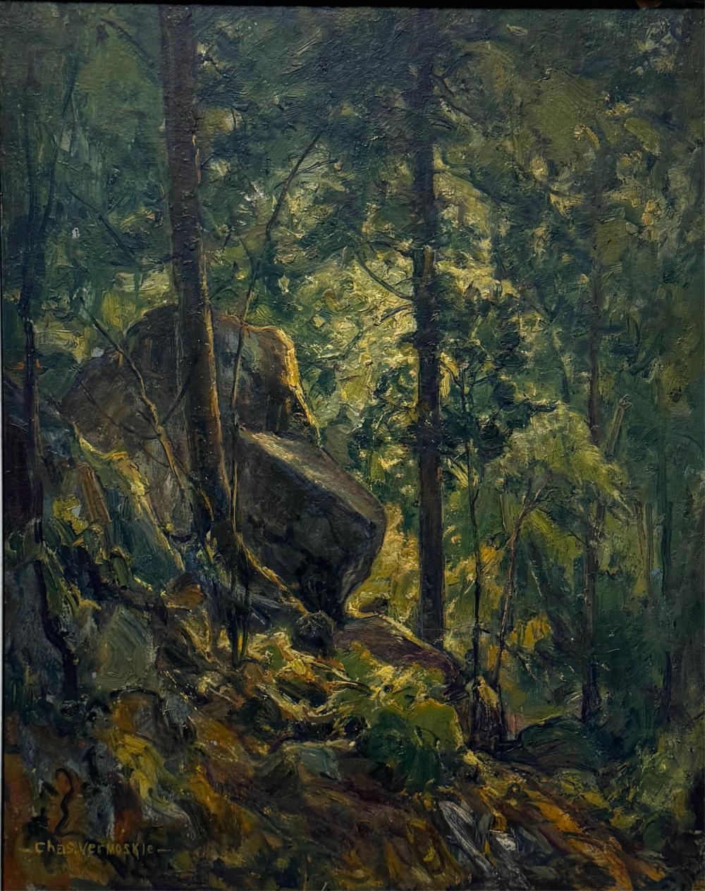 Charles Vermoskie comparable auction result: charles vermoskie massachusetts 1905 1991 forest interior oil on board 20 x 16 framed 27 x 23