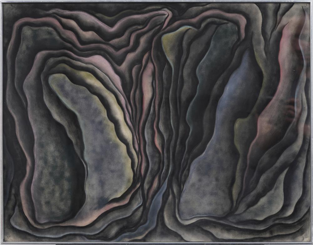 Fritz Kreiger. Circa 1965 American Modernist Surreal Landscape Framed Original Painting sold by Curated Gallery Auctions, lot 368 — auction record photograph