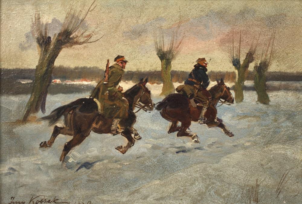 Jersy Kossak comparable auction result: jerzy kossak attr zwei reiter in winterlandschaft