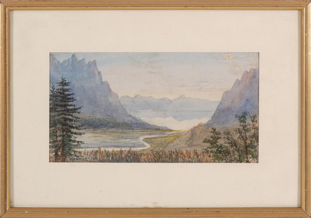 Richard Henry Wright comparable auction result: richard henry wright 1857 1930 paisagem de montanhas e rio aguarela sobre papel assinada e datada dim aprox 13 x 24 cm