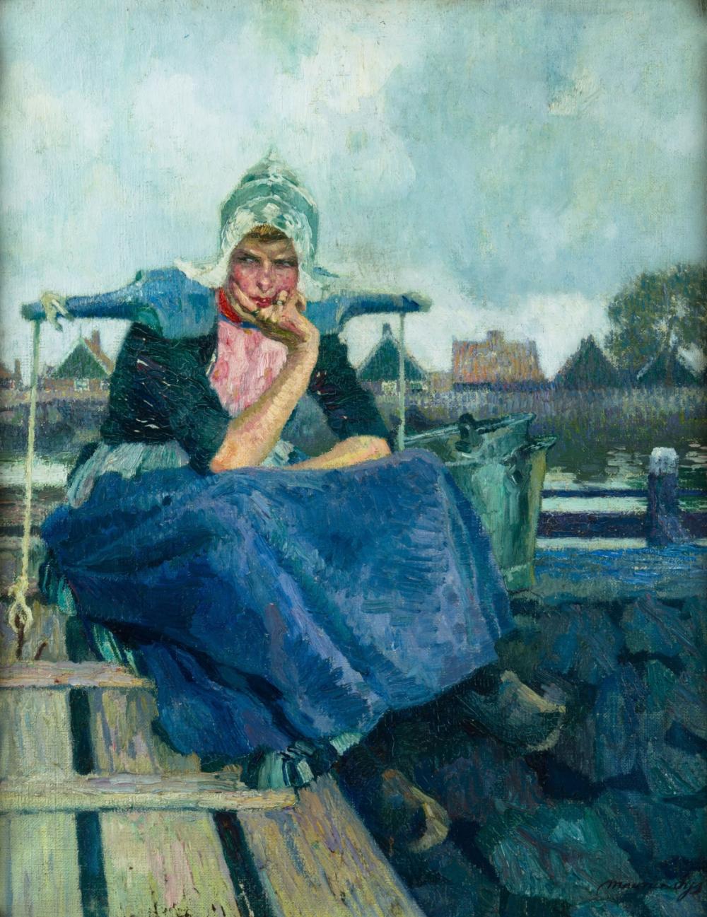 Painted portrait of a seated woman wearing a blue dress and bonnet against a pale sky and a rural landscape with houses and trees.