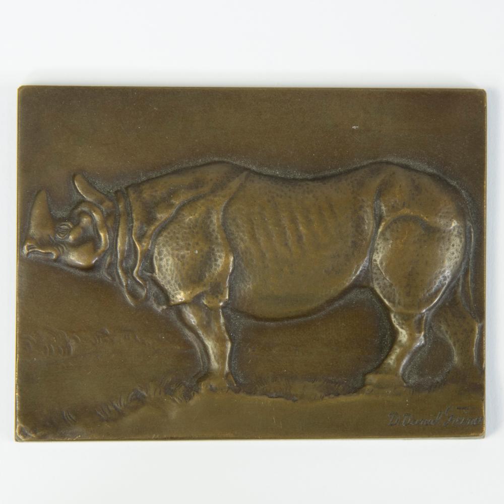 Daniel Greiner comparable auction result: daniel greiner 1872 1943 bronze plaque of a rhinoceros drawn and added a woodcut and lithograph drawn in pencil