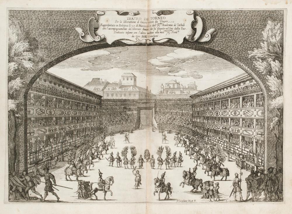 [TORNEI] - LODI, Giacinto - Amore prigioniero in Delo. Torneo fatto da' signori Academici Torbidi in Bologna li 20 di marzo 1628. Bologna: eredi di Vittorio Benacci, [1628, ma ca. 1629 o 1630]. A curious account of the tournament held on ... sold by Il Ponte Auction House, lot 43 — auction record photograph