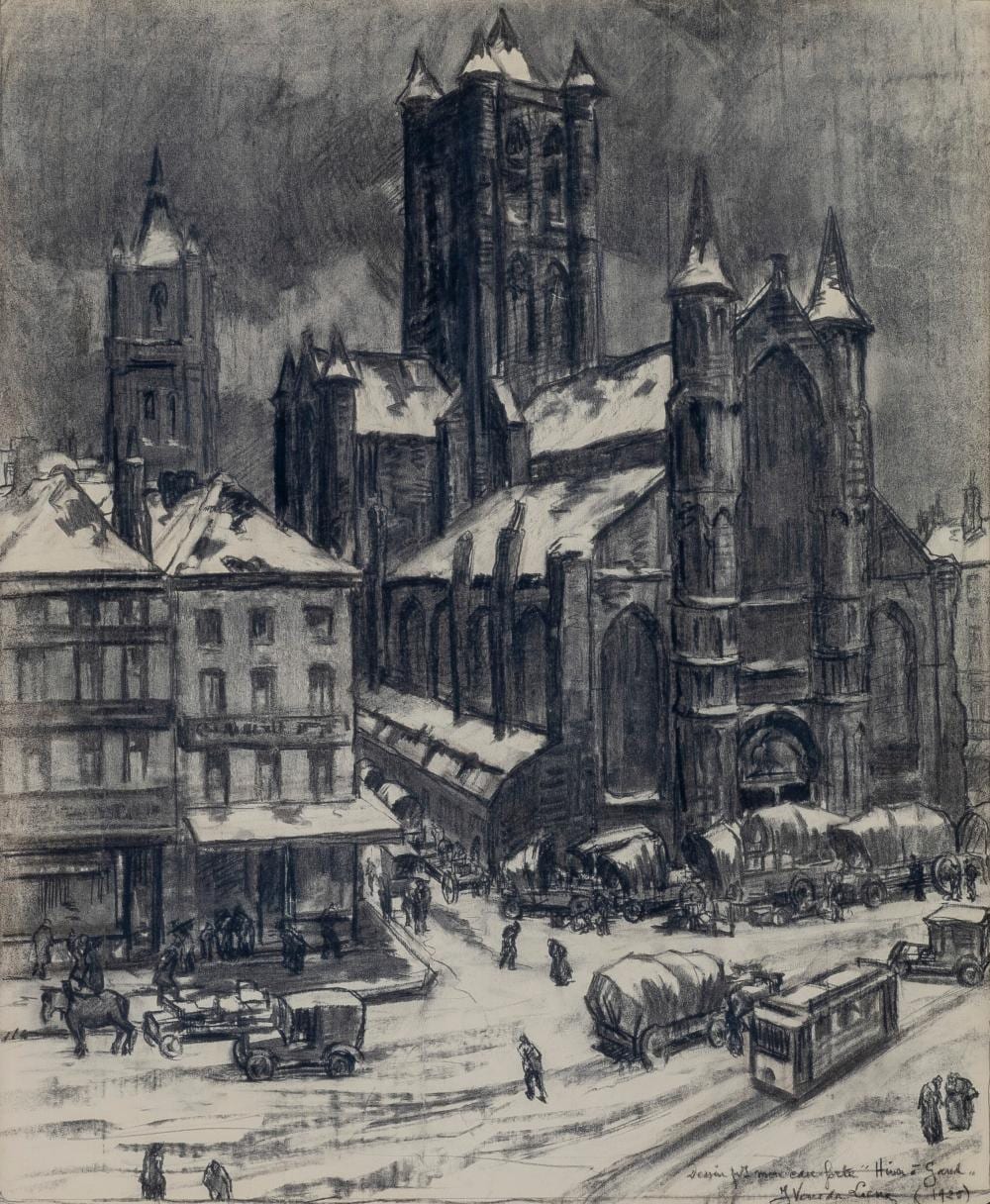 Jules van de Leene comparable auction result: jules van de leene 1887 1962 charcoal drawing hiver gand signed and dated 1925