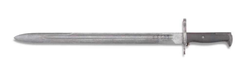 Metal bayonet with a pointed blade and dark handle, shown on a white background.