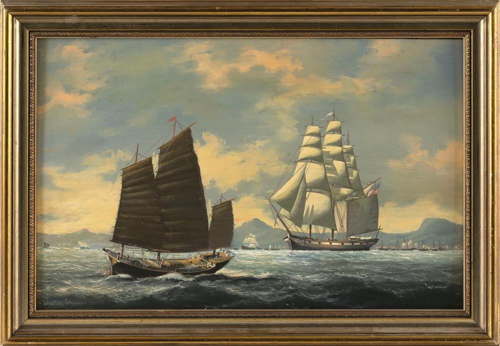 Salvatore Colacicco comparable auction result: salvatore colacicco italy united kingdom canada 1935 schooner and junk off the coast oil on board 8 5 x 13 5 framed 11 x 16