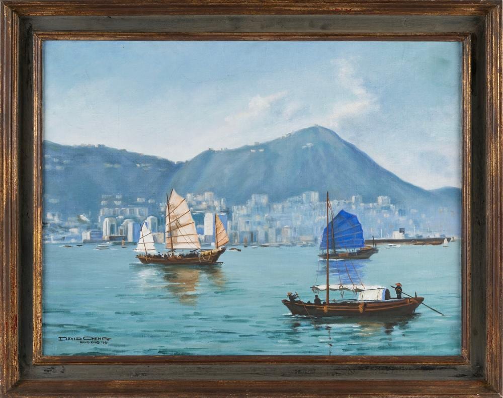 David Cheng comparable auction result: david cheng china 20th century hong kong harbor oil on canvas 18 x 24 framed 22 x 28