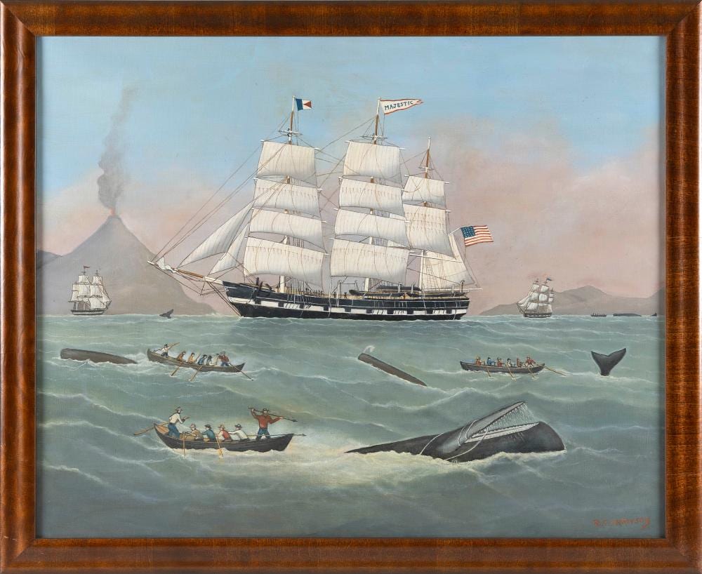 Reginald Eugene Nickerson comparable auction result: reginald eugene nickerson massachusetts 1915 1999 majestic whaling scene oil on canvas 24 x 30 framed 27 x 33