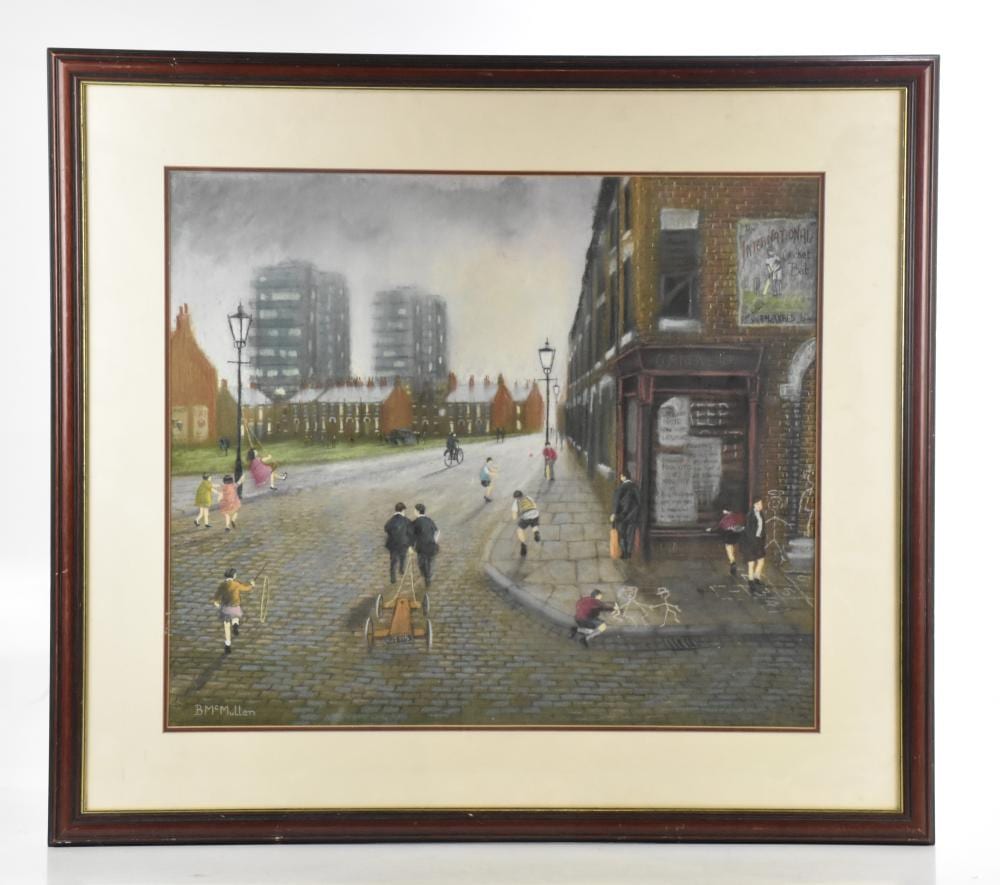 bernard mcmullen 1952 2015 pastel northern street scene signed 52 x 61cm framed and glazed · Adam Partridge Auctioneers · 2025-02-22 Bernard McMullen comparable auction result: bernard mcmullen 1952 2015 pastel northern street scene signed 52 x 61cm framed and glazed