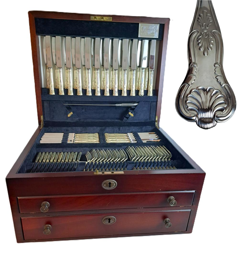 Complete Set English Kings Pattern 140 Piece Sterling Silver Dinner Set With Mahogany Chest sold by Hess Fine Art, lot 2927 — auction record photograph