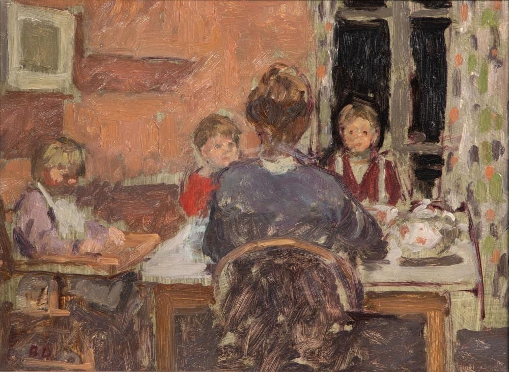 Bernard Dunstan comparable auction result: bernard dunstan british 1920 2017 children at tea oil on panel
