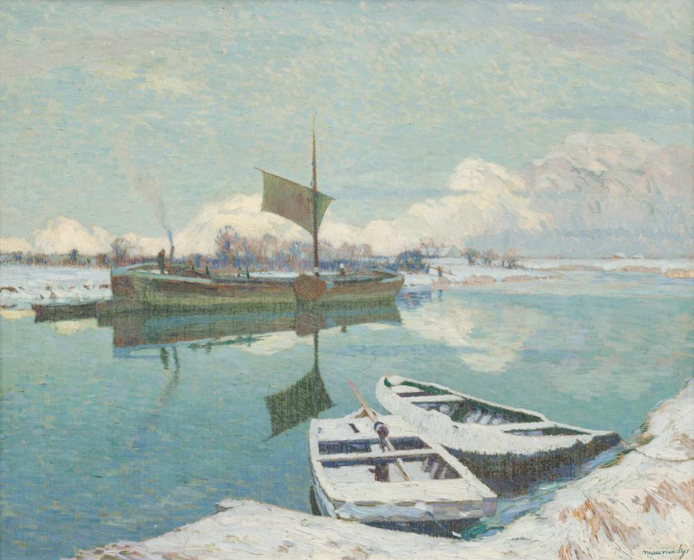 Painting showing small sailboats and boats in a snowy harbor, with mountains in the distance under a pale sky.