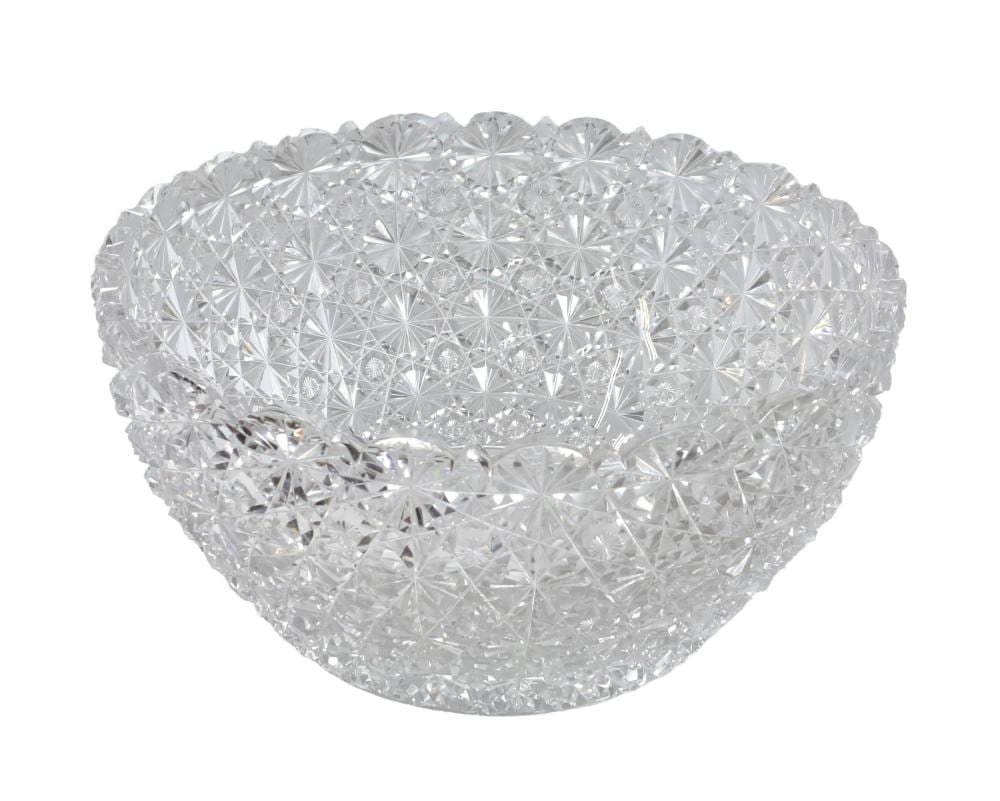 Clear cut-crystal glass bowl with a faceted geometric pattern around the rim and sides.