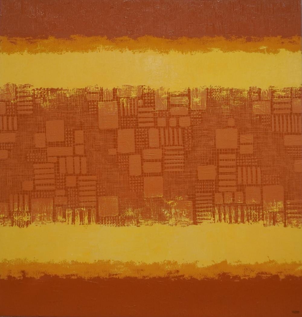 Barbara Coleman comparable auction result: barbara coleman american 20th century inca stairstep motif 1977 oil on canvas unframed 50 1 2 x 48 in 128 3 x 121 9 cm