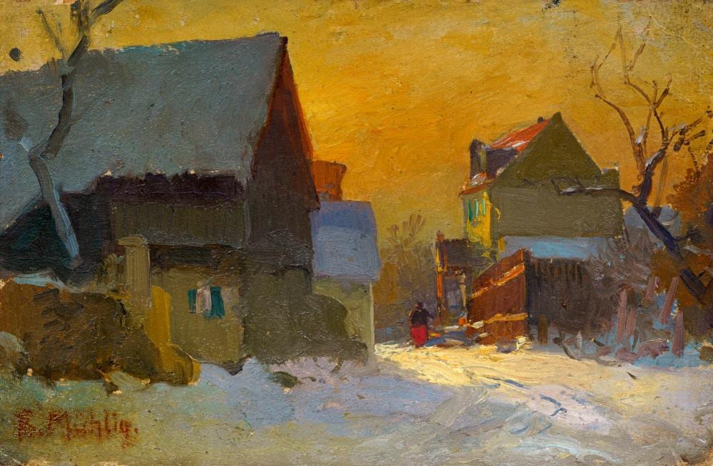 Bernhard Mühlig comparable auction result: bernhard m hlig abendliche dorfstra e im winter wohl 1880er 1890 s