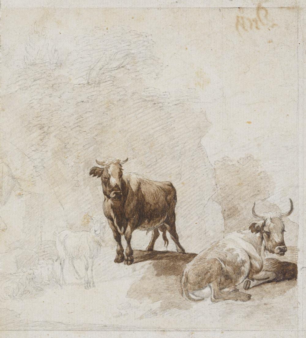 Johann Christian Klengel comparable auction result: johann christian klengel zwei k he und ziegen in einer felsenlandschaft stehende kuh um 1800