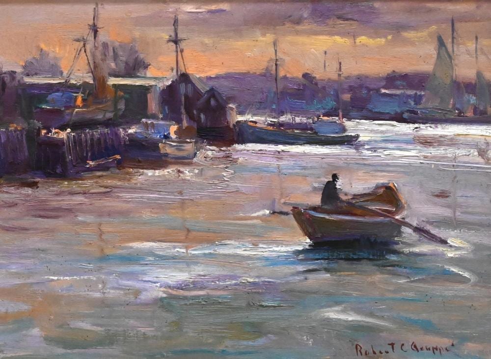 Robert Charles Gruppe comparable auction result: robert charles gruppe american b 1944 smith cove boats in the harbor at sunset oil on canvas signed lower right robert c gruppe 12 x 16