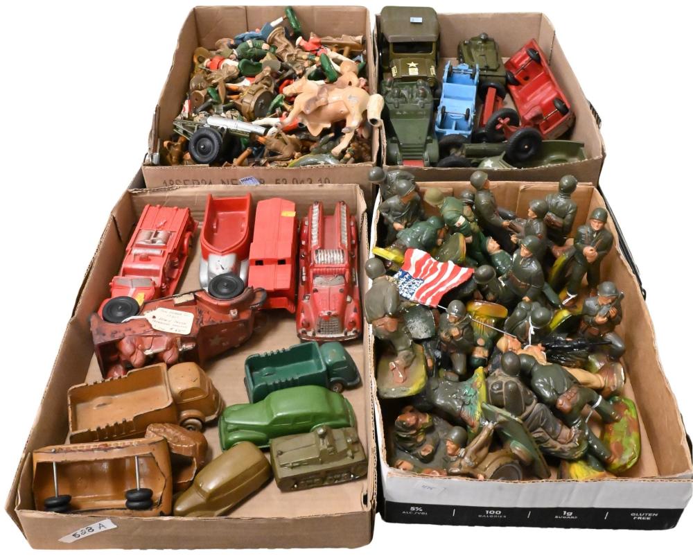 Five Tray Lots of Antique Toys to include rubber cars (Sun Rubber Co), fire trucks, Tonka, army car, ceramic toy soldiers, etcetera longest 6 inches sold by Nadeau's Auction Gallery, lot 528A — auction record photograph