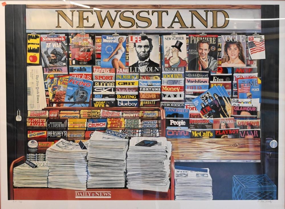 Ken Keeley comparable auction result: ken keeley american 1934 2020 newsstand daily news 1991 offset lithograph artist proof 7 30 signed lower right ken keeley 43 x 57