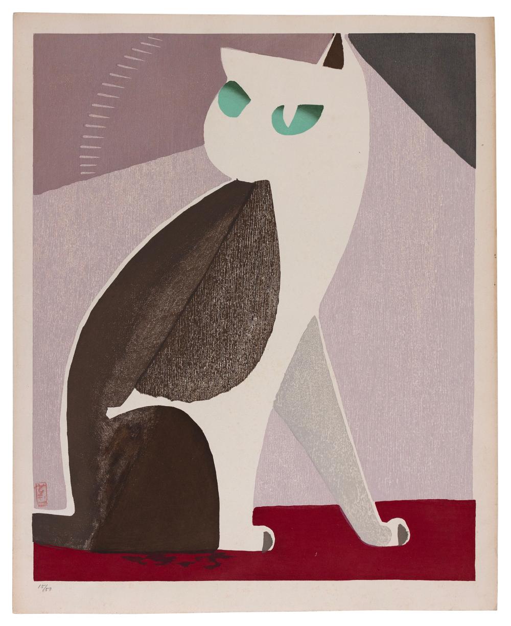Tomoo Inagaki comparable auction result: tomoo inagaki japan 1902 1980 seated cat woodblock print 23 x 19 unframed