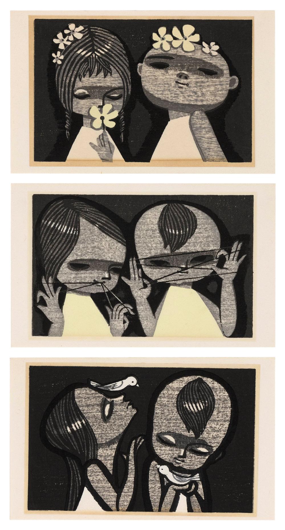 shuzo ikeda japan 1922 2004 three surimono woodblock prints 4 25 x 6 25 overall 4 5 x 7 25 · Eldred's · 2025-03-07 Shuzo Ikeda comparable auction result: shuzo ikeda japan 1922 2004 three surimono woodblock prints 4 25 x 6 25 overall 4 5 x 7 25