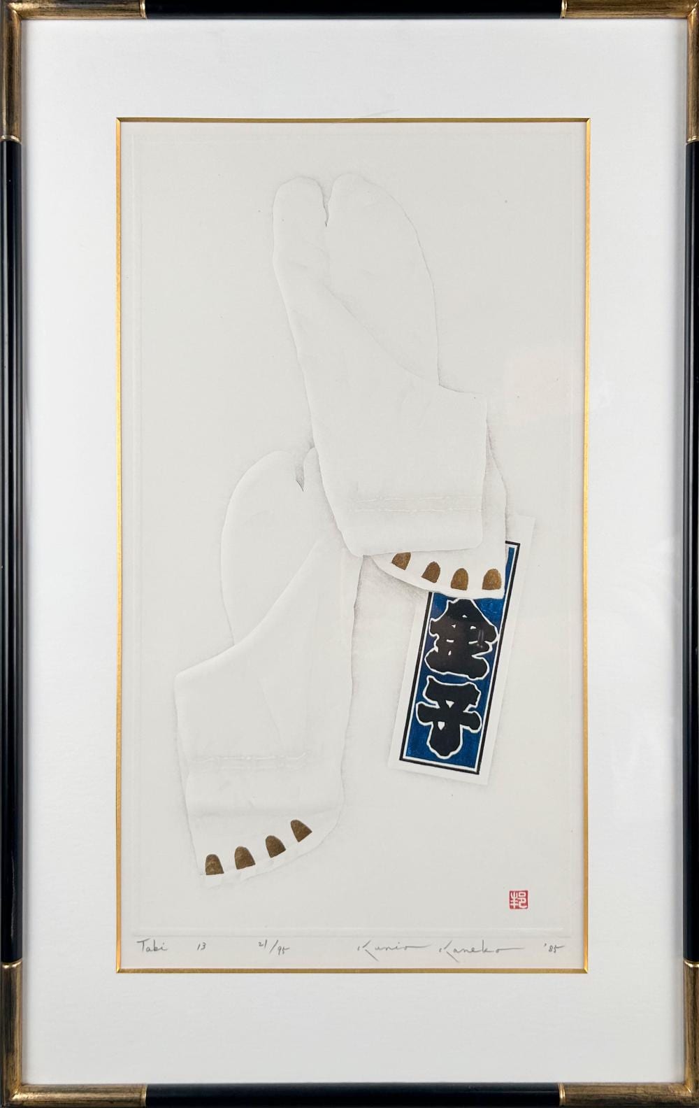 Kunio Kaneko comparable auction result: kunio kaneko japan 1949 tabi little socks embossed woodblock print 21 x 11 sight framed 26 x 17