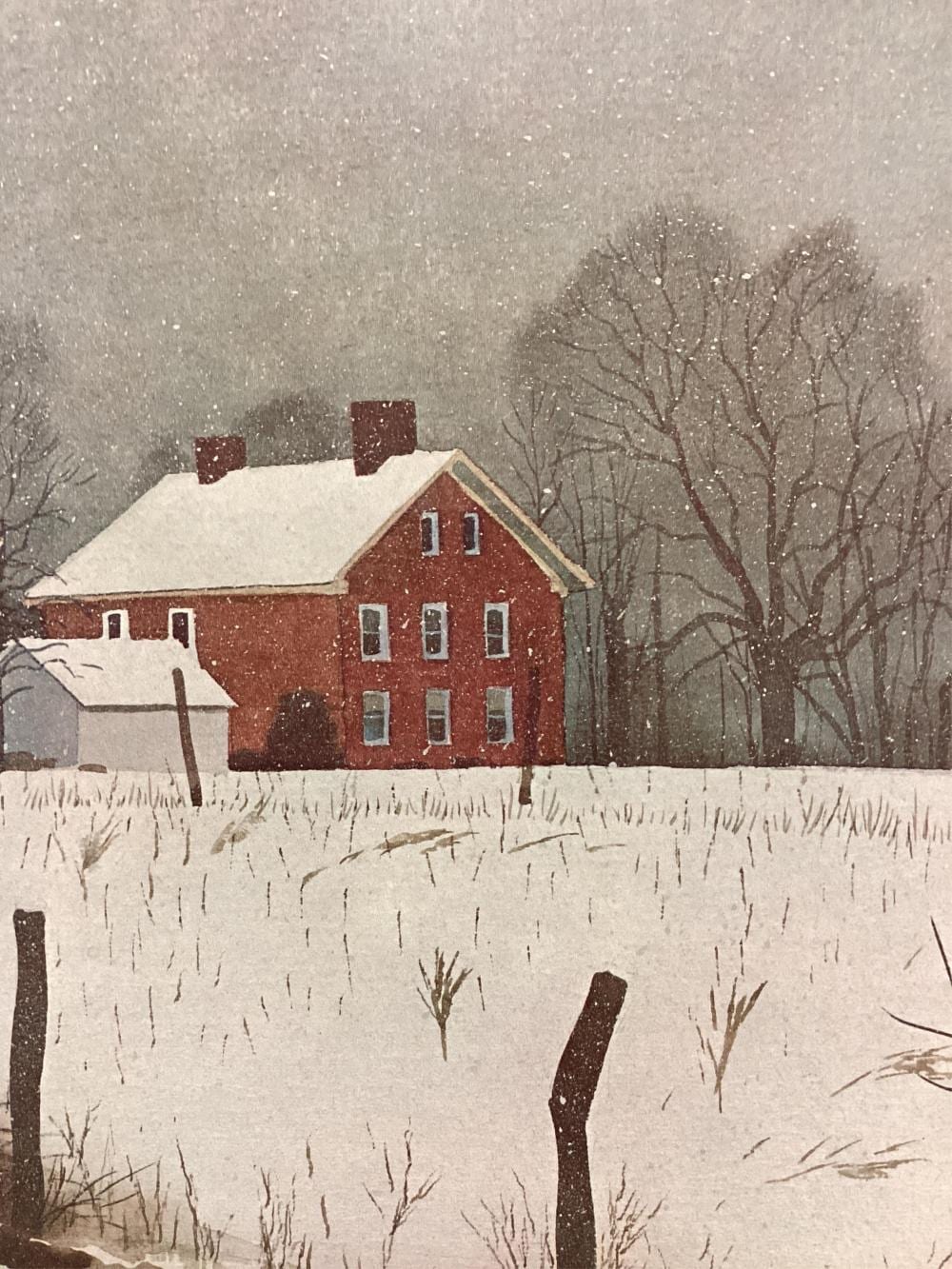 Leland McClelland comparable auction result: leland mcclelland print of red barn in winter print measures 8 5 x 10 5 frame measures 18 x 20 5