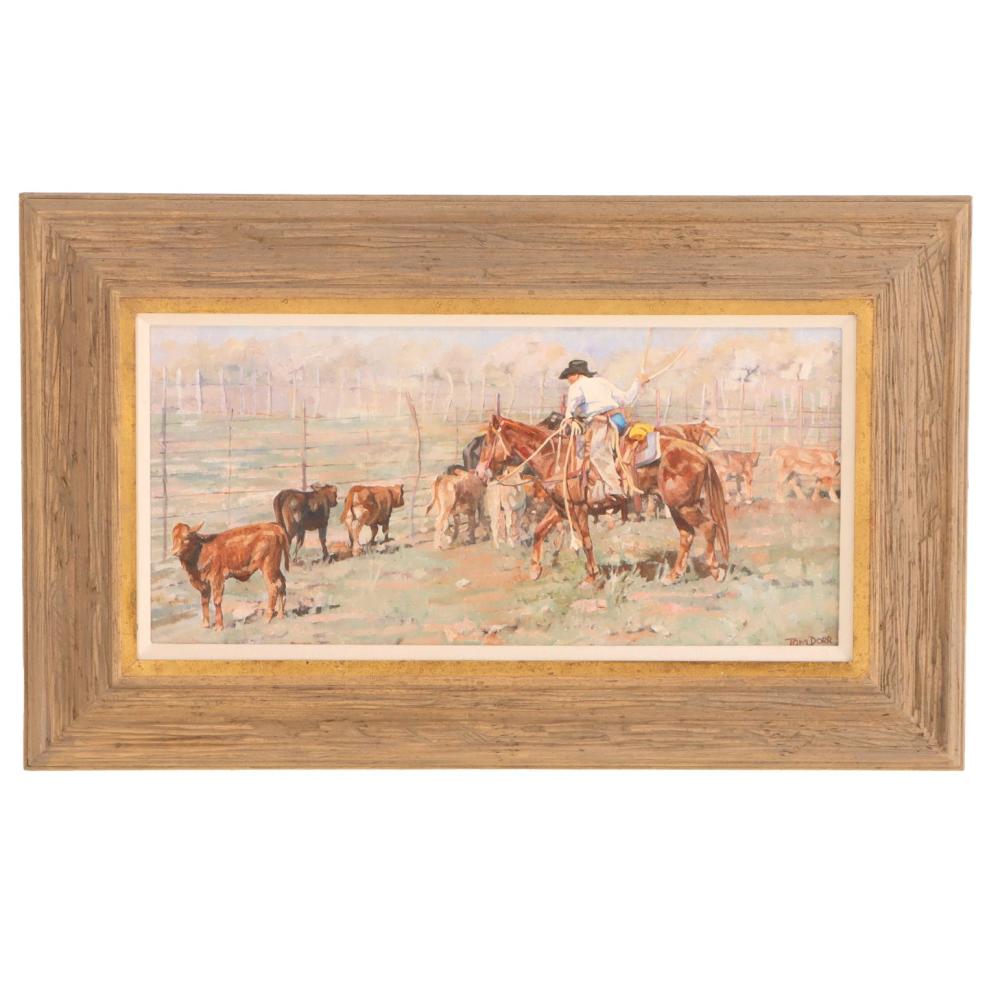 Tom Dorr comparable auction result: tom dorr american b 1950 ropin the last calf framed oil painting