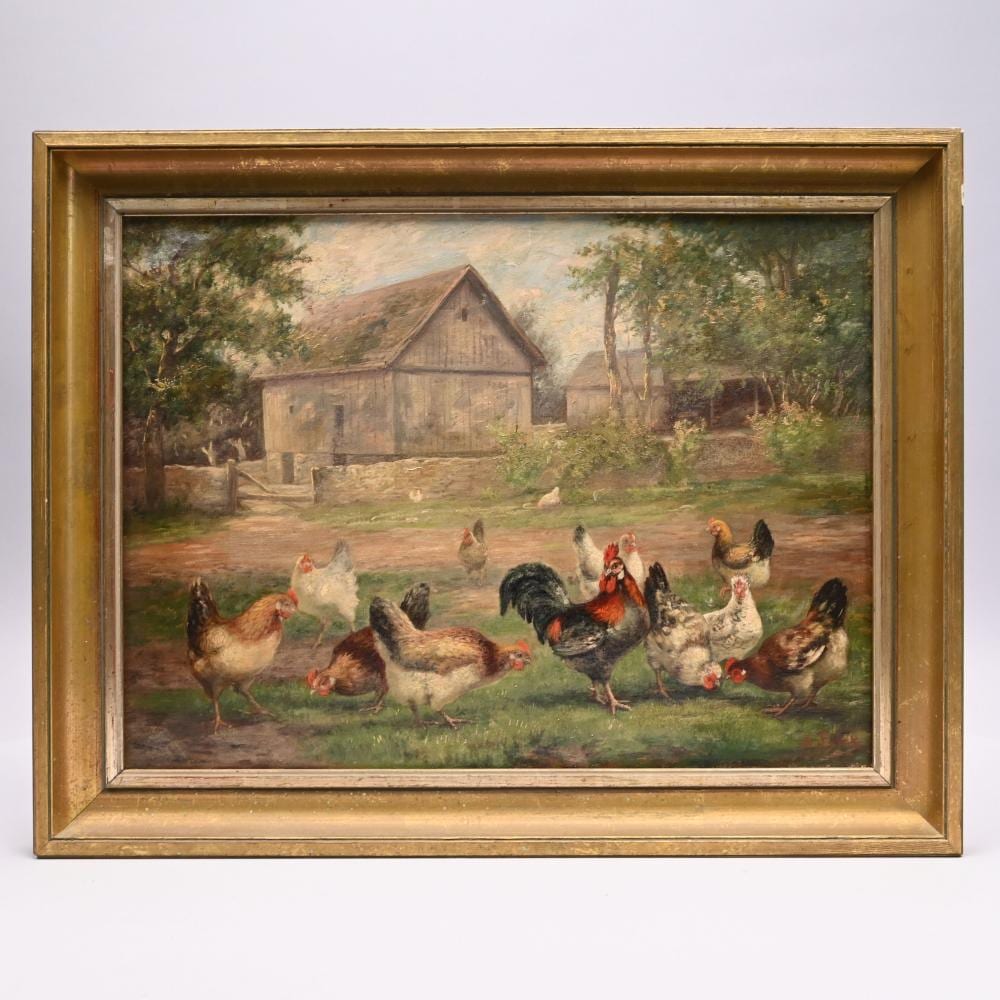 August Laux comparable auction result: august laux rooster and hens in a barnyard