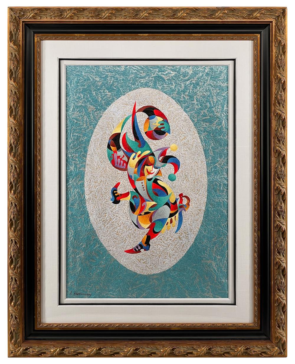 Framed abstract watercolor-style painting showing a colorful stylized figure in a white oval against a blue textured background.