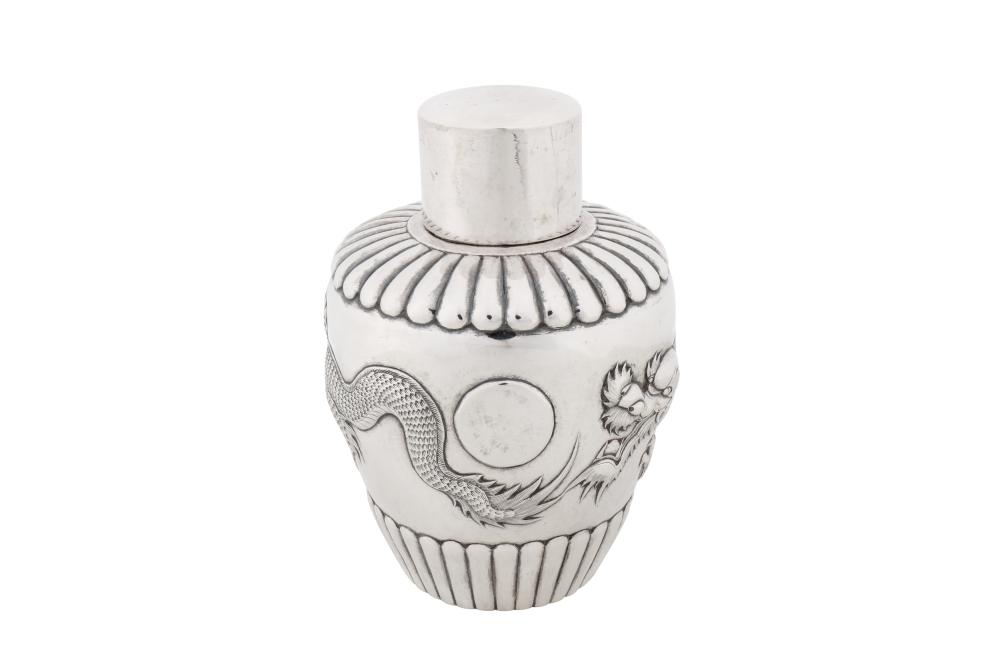An early 20th century Chinese export silver tea caddy, Shanghai or Hong Kong circa 1920, marked Qing, retailed by Kwan Wo of Canton or Hong Kong sold by Chiswick Auctions, lot 197 — auction record photograph