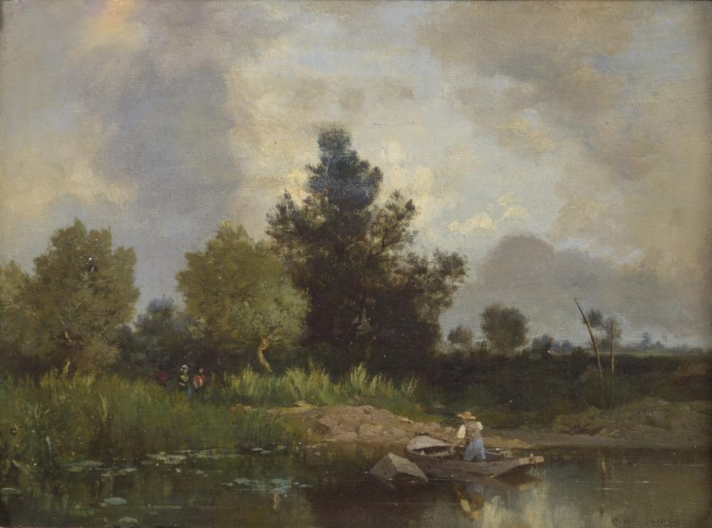 Camille Roqueplan comparable auction result: camille roqueplan french 1800 1855 riverbank scene with ferryman and figures on a path oil on canva