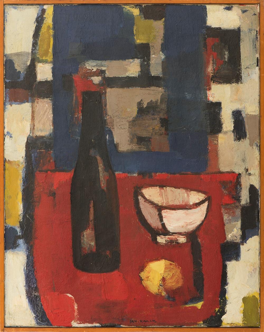 Jan Kagie comparable auction result: jan kagie dutch 1907 1991 still life with bottle bowl and apple