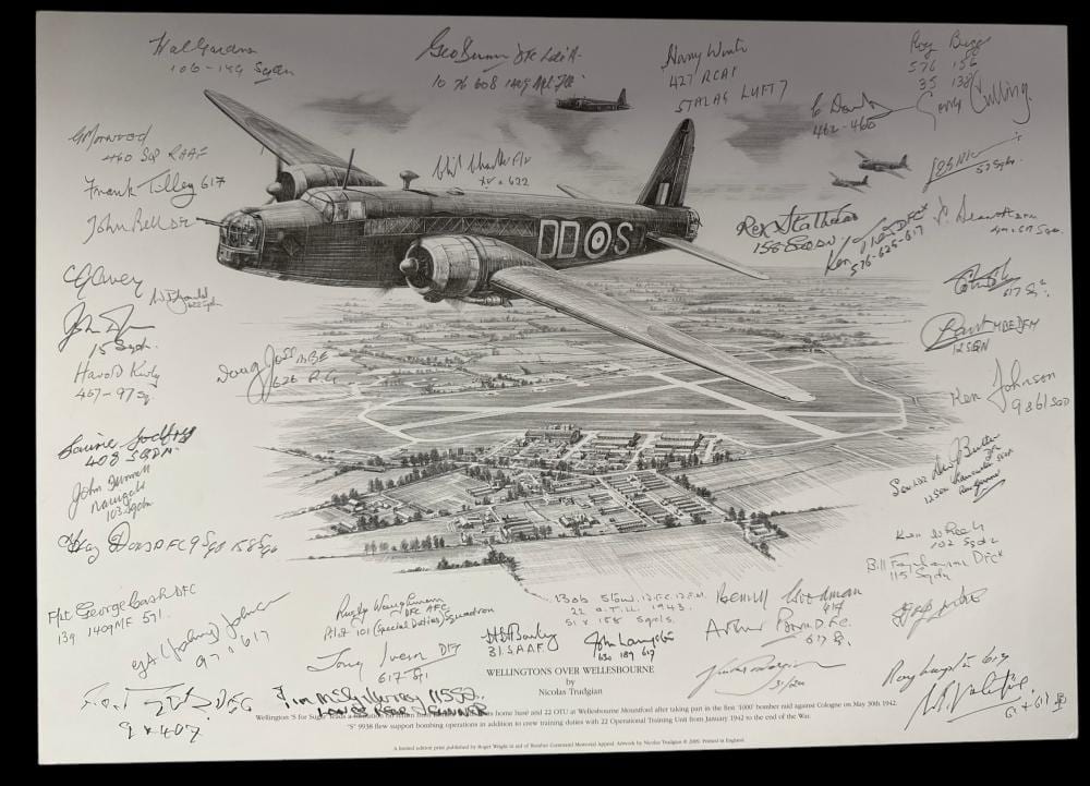 Nicolas (1936) comparable auction result: multi signed limited edition print 31 200 titled wellingtons over wellesbourne by nicolas