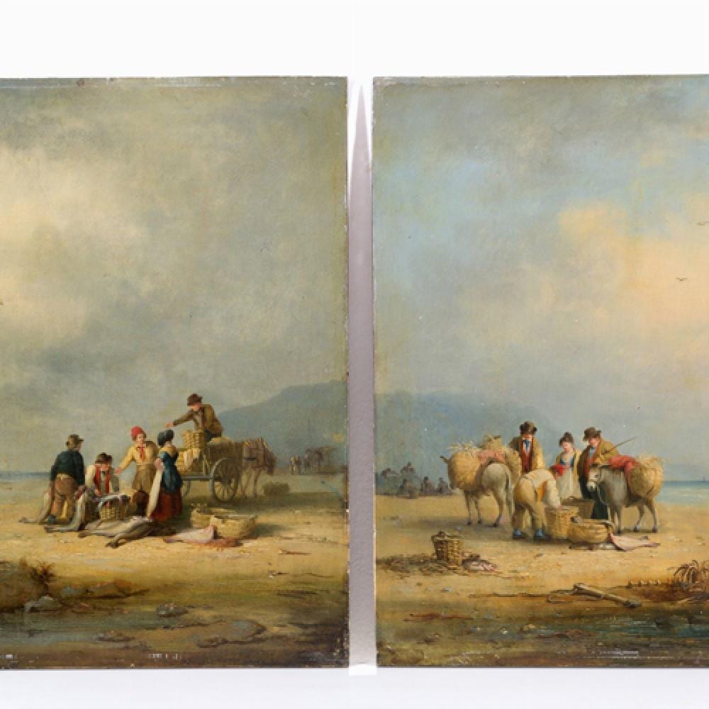 Nicholas Condy comparable auction result: nicholas condy attr pair of paintings fishermen on the beach and fish transporters with mules