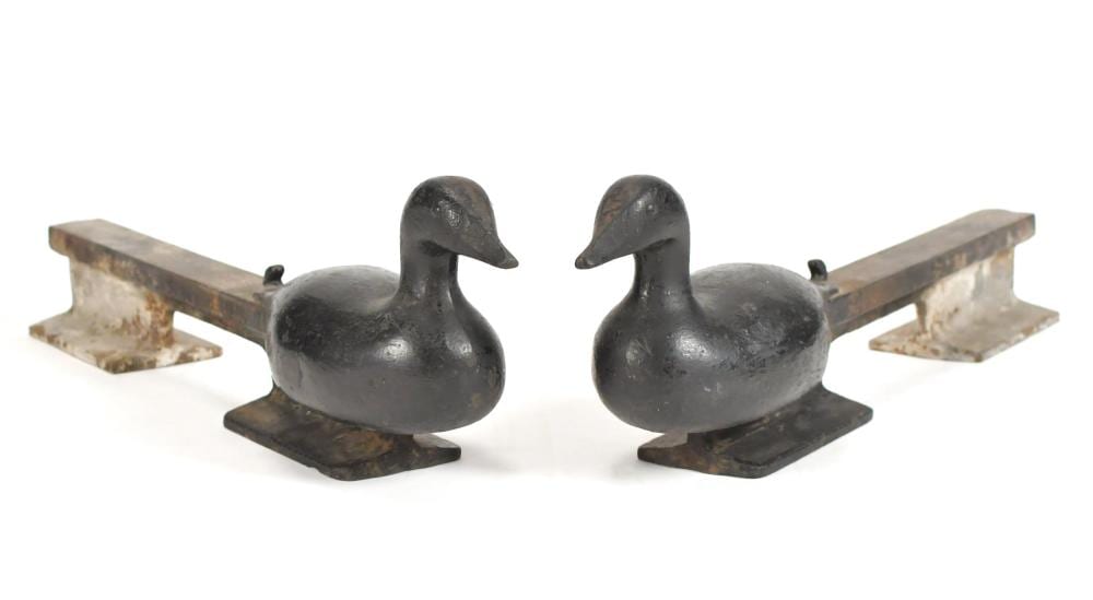 PAIR ANTIQUE CAST IRON DUCK DECOY ANDIRONS. sold by William Smith Auctions, lot 9 — auction record photograph